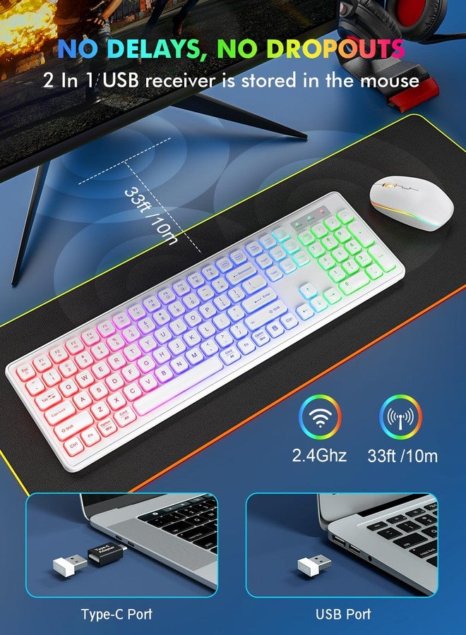 Trueque Wireless Keyboard and Mouse - RGB Backlit, Rechargeable & Light Up Letters, Full-Size, Ergonomic Tilt Angle, Sleep Mode, 2.4GHz Quiet Keyboard Mouse for Mac, Windows, Laptop, PC, Trueque(White) - Image 5